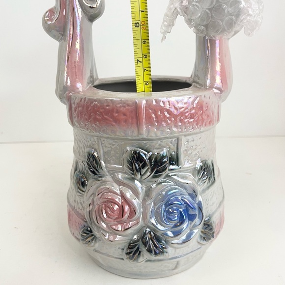 Vintage Mid Century Lusterware Pink Floral Wishing Well Planter & Water Bucket - Picture 16 of 16